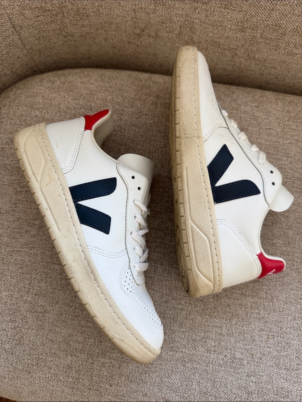 Veja White Leather Sneakers with Navy V and Red Heel Accent